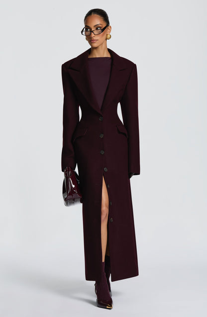 Beatrix Full-Length Wool-Blend Coat – Plum